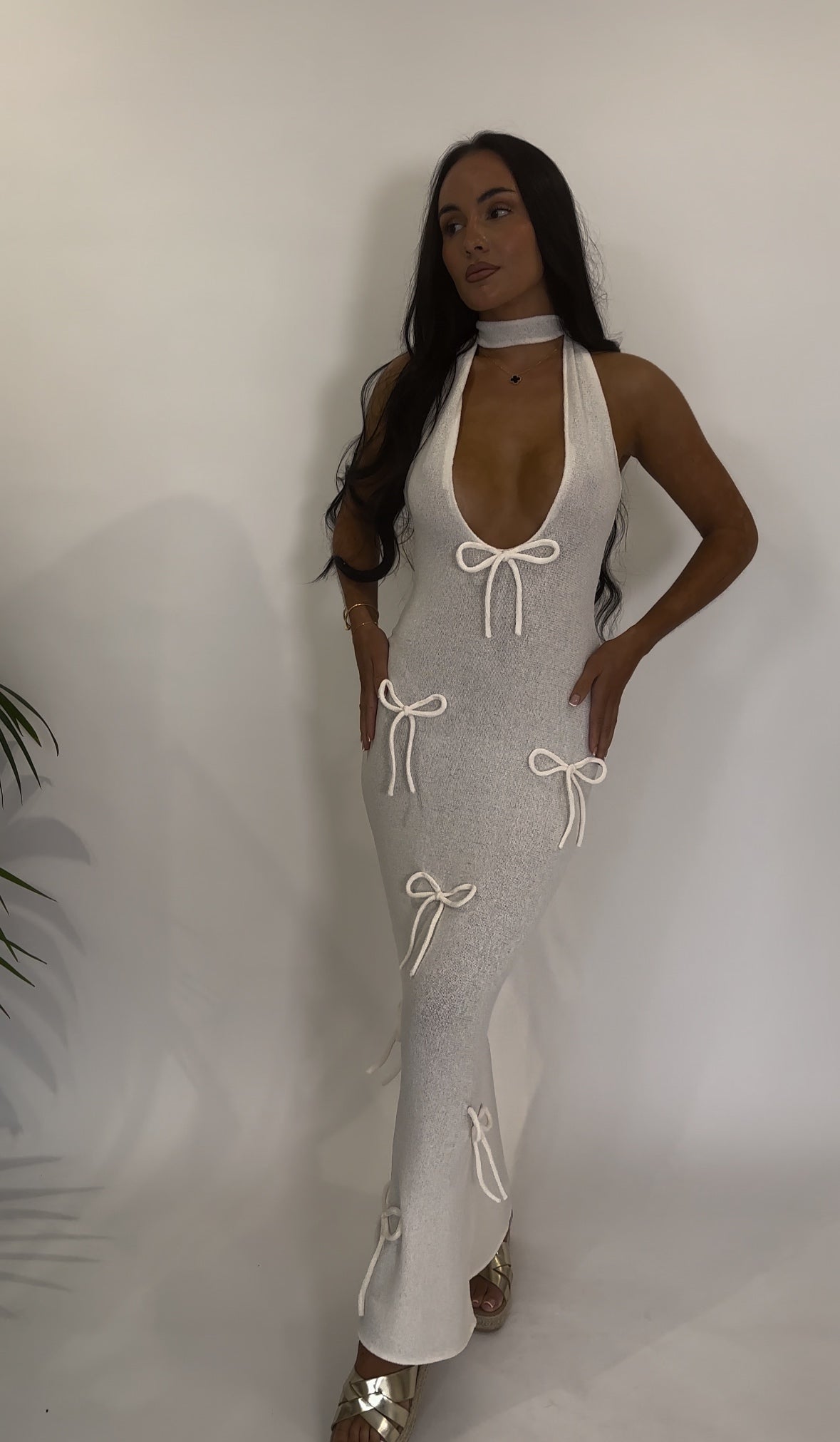 Cream Bow Knit Maxi Dress