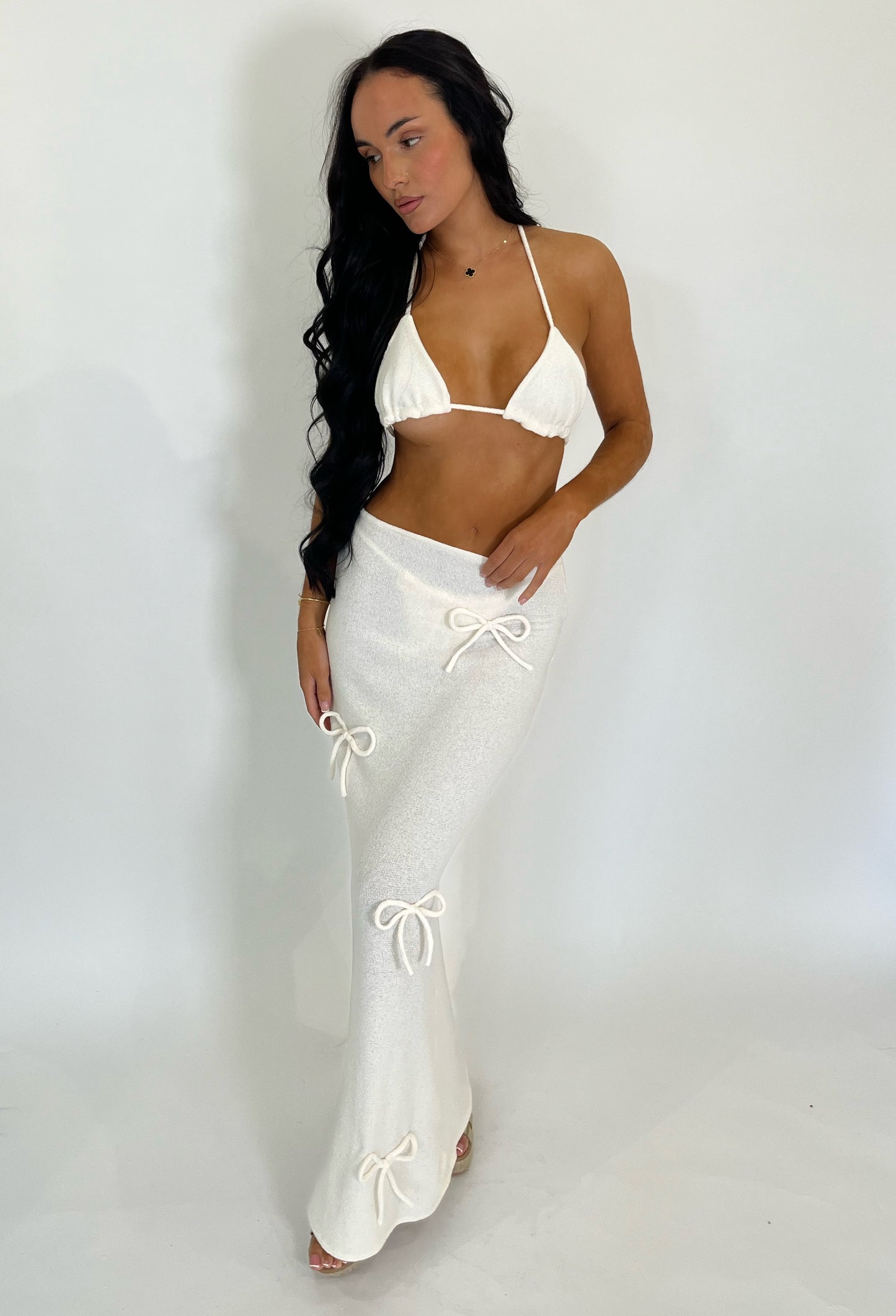 Cream Bow Knit Maxi Skirt