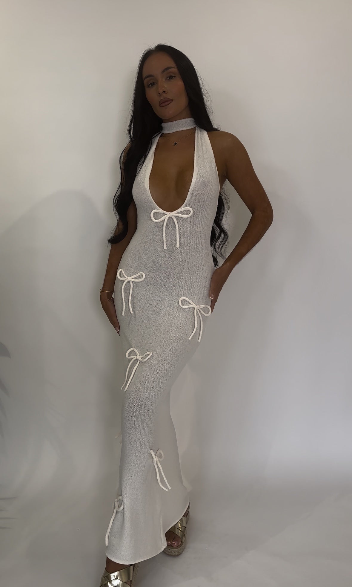 Cream Bow Knit Maxi Dress