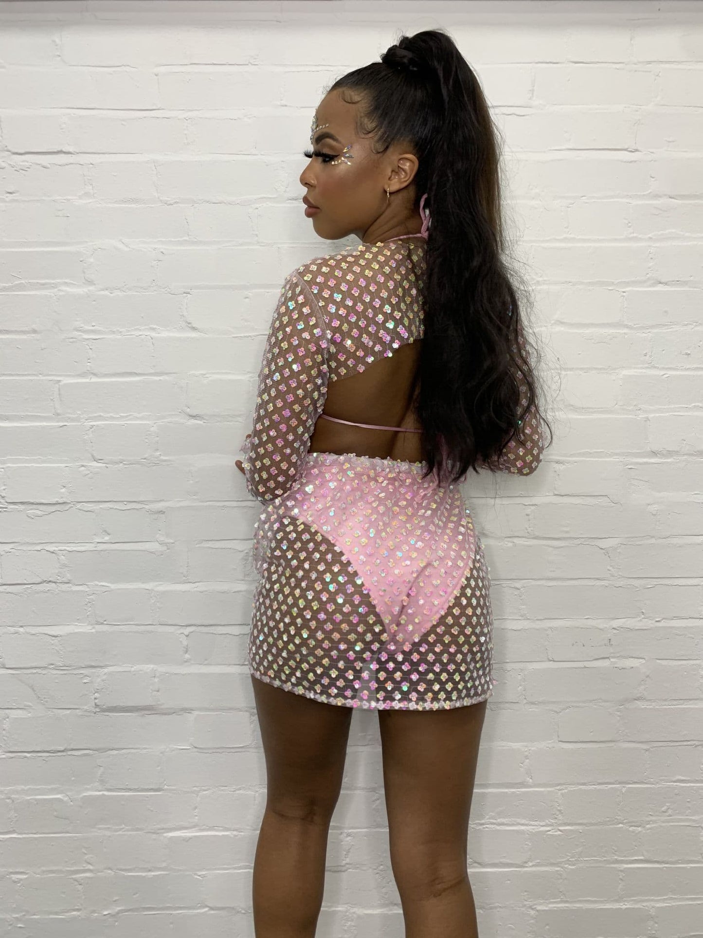 Pink Flower Sequin Crop Top