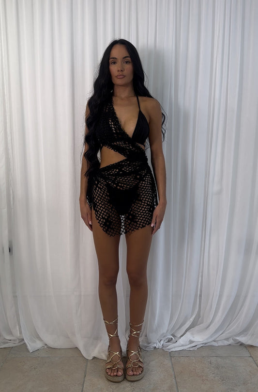 SAMPLE SALE SIZE 8 Black Shimmer Crochet Drape Dress INCLUDING BIKINI