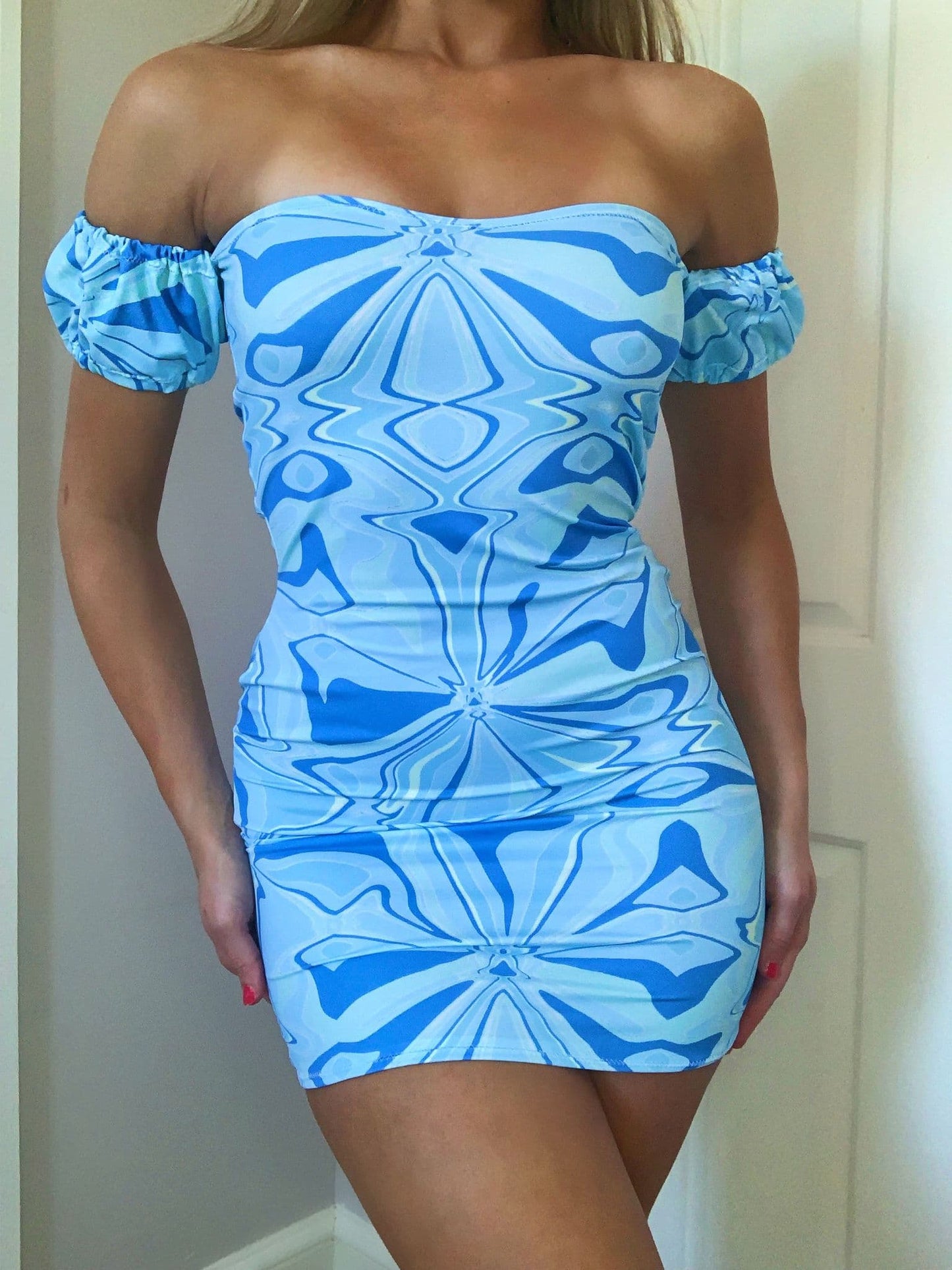 Blue Abstract Swirl Bardot Dress