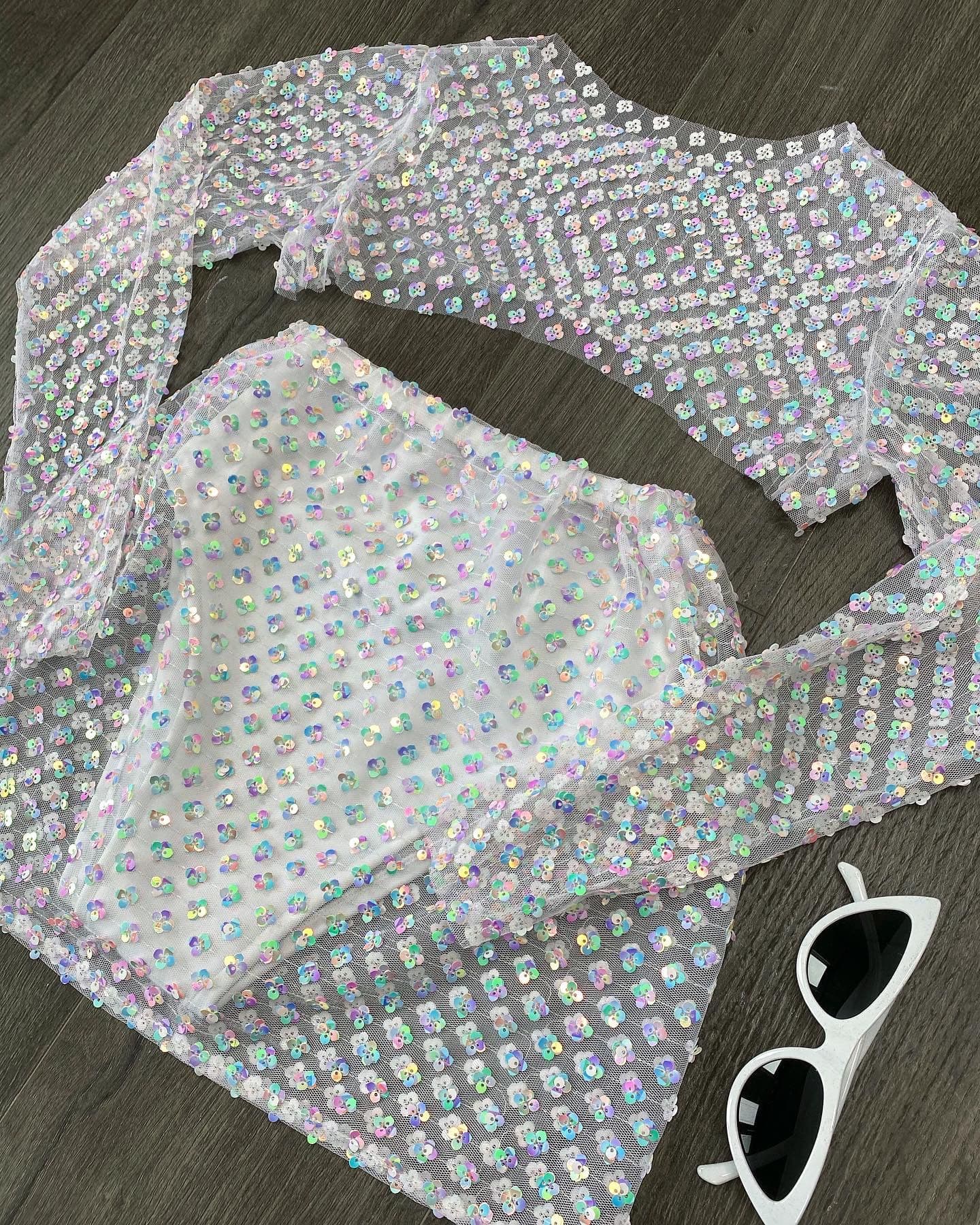 White Flower Sequin Skirt